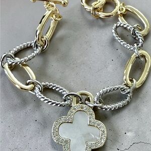 Two-Tone Gold & Silver Chain Bracelet with White Mother-of-Pearl Clover Charm
